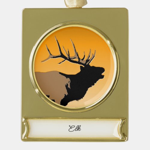 Bugling Bull Elk at Sunset Original Wildlife Art Gold Plated Banner Ornament