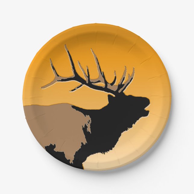 Bugling Bull Elk at Sunset Original Wildlife Art Paper Plates (Front)