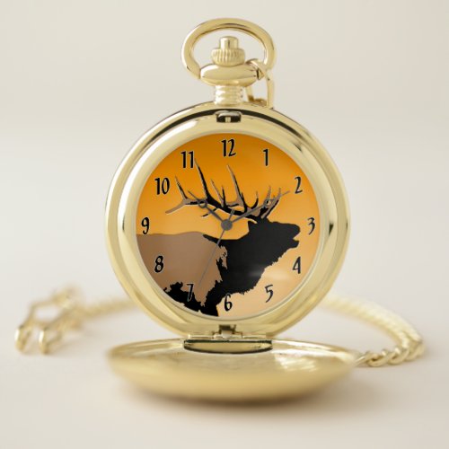 Bugling Bull Elk at Sunset Original Wildlife Art Pocket Watch