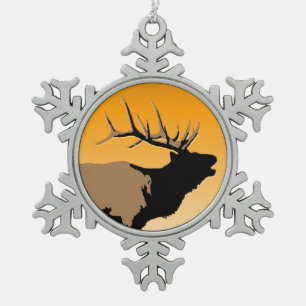 Bugling Bull Elk at Sunset Original Wildlife Art Snowflake Pewter Christmas Ornament