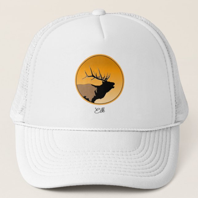 Bugling Bull Elk at Sunset Original Wildlife Art Trucker Hat (Front)