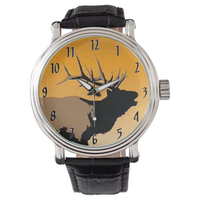 Bugling Bull Elk at Sunset Original Wildlife Art Watch (Front)