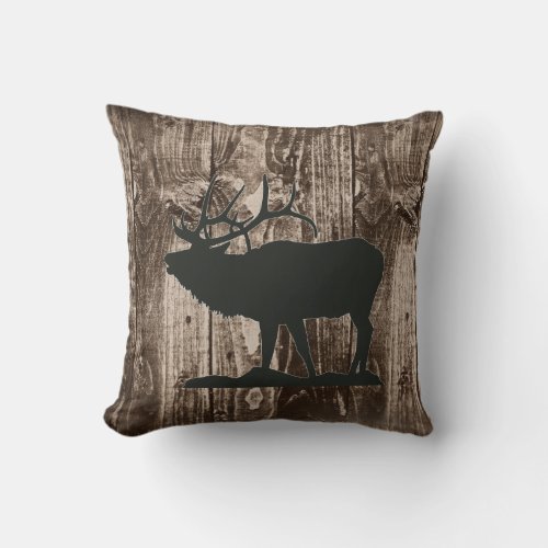 Bugling Elk Black on Rustic Wood Cabin Throw Pillow