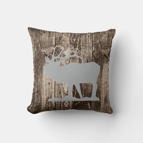 Bugling Elk Gray on Rustic Wood Cabin Throw Pillow