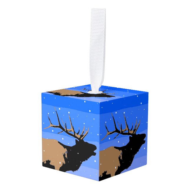 Bugling Elk in Winter  - Original Wildlife Art Cube Ornament (Front Angled)