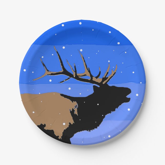 Bugling Elk in Winter  - Original Wildlife Art Paper Plates (Front)