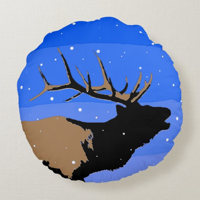 Bugling Elk in Winter  - Original Wildlife Art Round Pillow (Back)