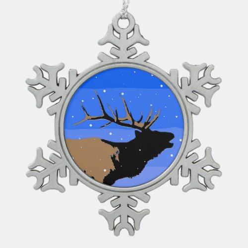 Bugling Elk in Winter  _ Original Wildlife Art Snowflake Pewter Christmas Ornament