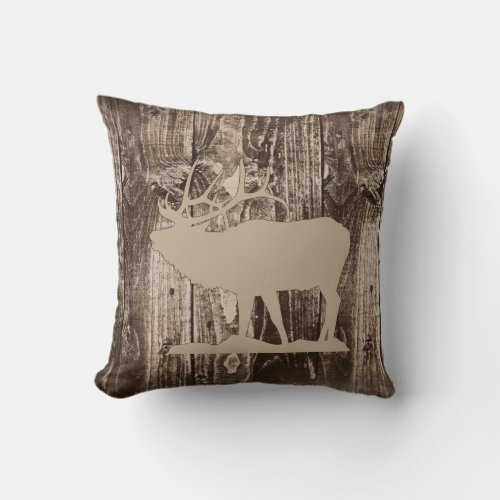 Bugling Elk Tan Brown on Rustic Wood Cabin Throw Pillow