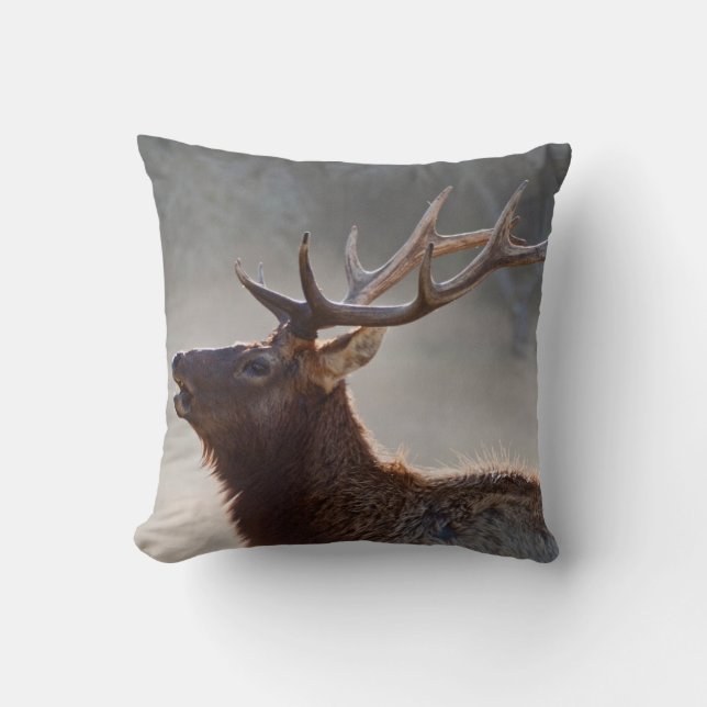 Bugling Rooseveldt Elk in Mist Throw Pillow (Front)