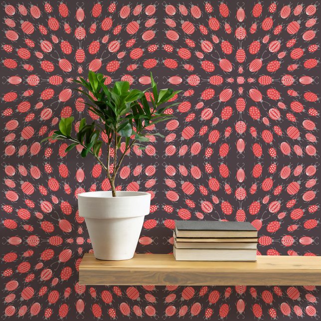 Bugs and Beetles Pattern Red Charcoal Gray Wallpaper (Fun bugs and beetles insect pattern art peel and stick wallpaper, great for Halloween)