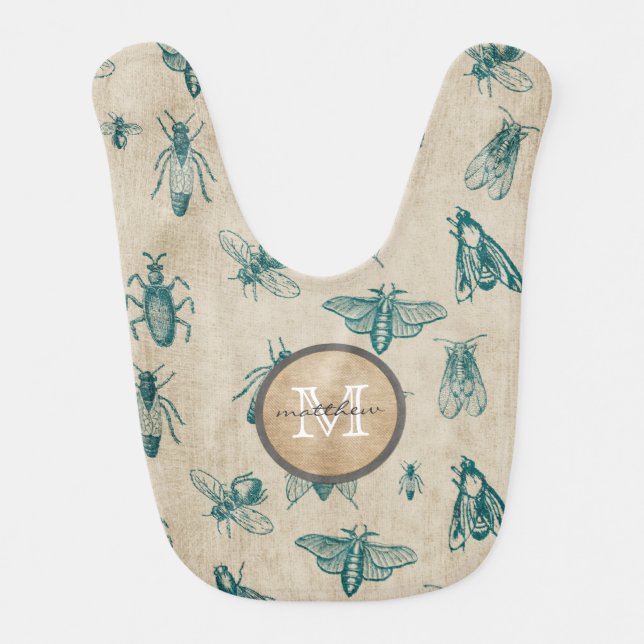 Bugs and Insects Background Monogram Baby Bib (Front)