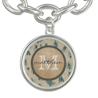 Bugs and Insects Background Monogram Charm Bracelet