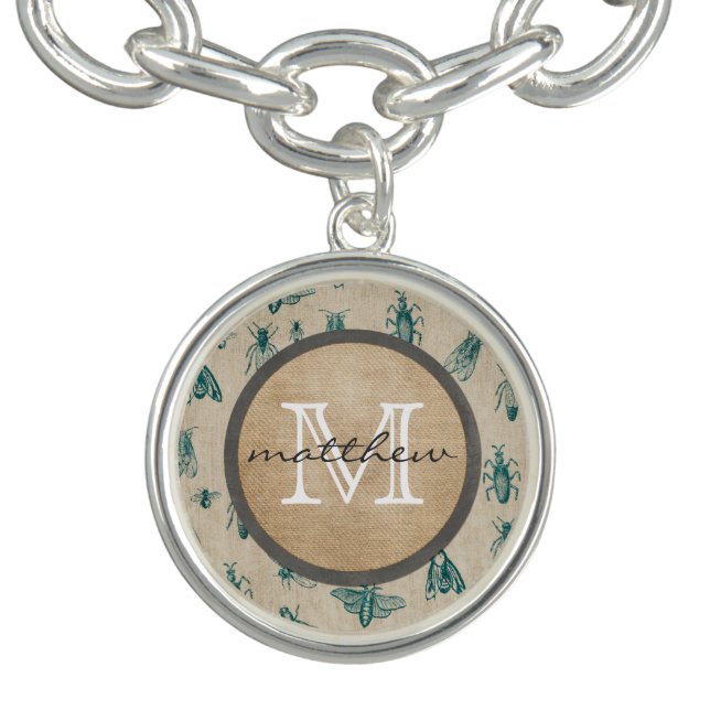 Bugs and Insects Background Monogram Charm Bracelet (Design)