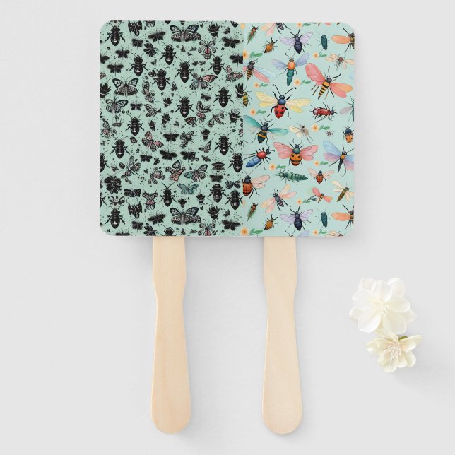 Bugs And Insects In Minty Greens Oranges And Pinks Hand Fan (Front and Back)