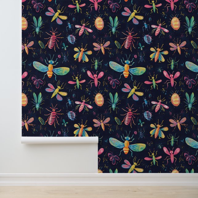 Bugs & Bees Colorful Insect Collection Pattern Wallpaper (Application)