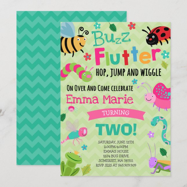 Bugs Birthday Invitation Girl Pink Bugs Party (Front/Back)