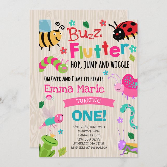 Bugs Birthday Invitation Girl Pink Bugs Party (Front/Back)