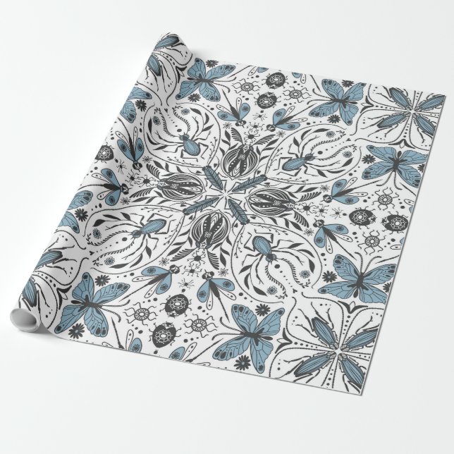 Bugs, black and blue wrapping paper (Unrolled)