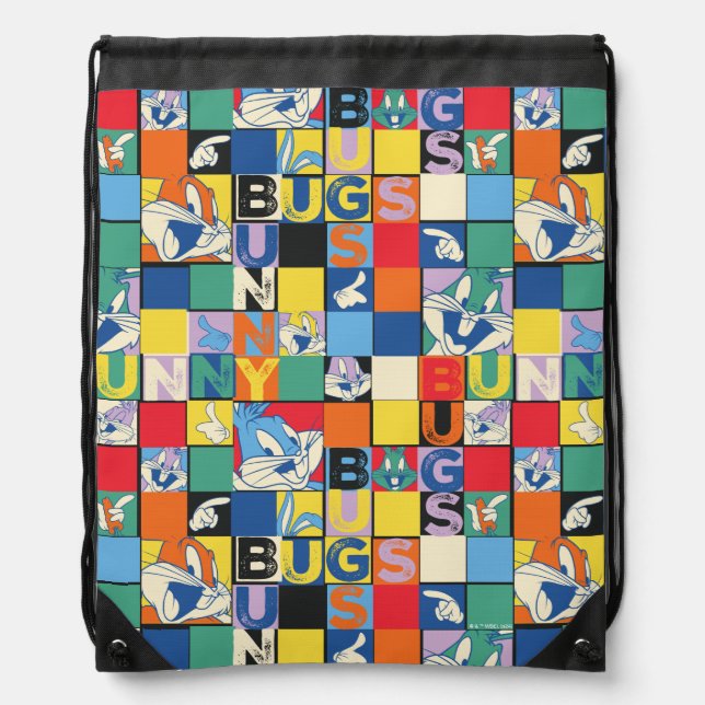 BUGS BUNNY™ Colorful Name and Face Checker Drawstring Bag (Front)