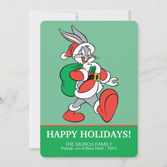 BUGS BUNNY™ Santa walking happily Holiday Card (Front)