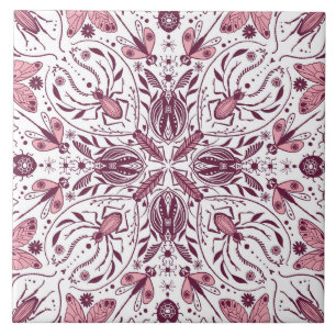 Bugs, dark magenta and pink on white ceramic tile