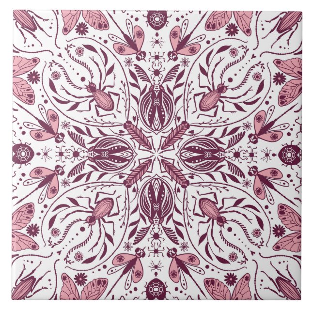 Bugs, dark magenta and pink on white ceramic tile (Front)