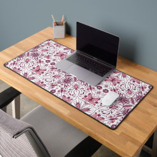 Bugs, dark magenta and pink on white desk mat