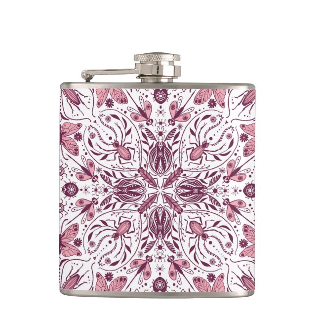 Bugs, dark magenta and pink on white flask (Front)