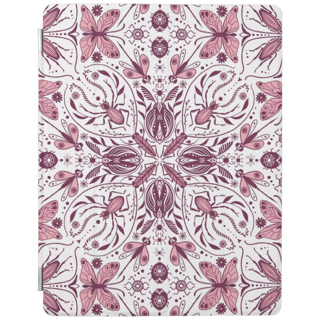 Bugs, dark magenta and pink on white iPad smart cover (Front)