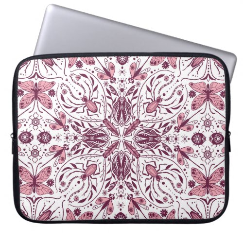 Bugs dark magenta and pink on white laptop sleeve