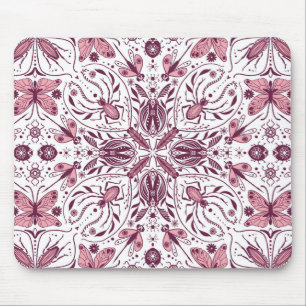 Bugs, dark magenta and pink on white mouse pad