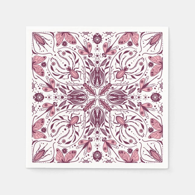Bugs, dark magenta and pink on white napkins (Front)