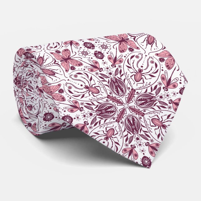 Bugs, dark magenta and pink on white neck tie (Rolled)
