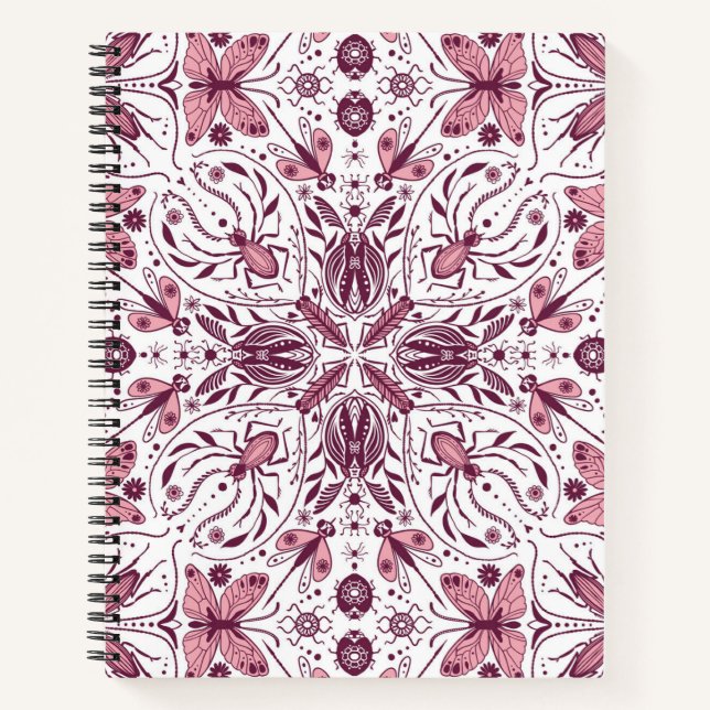 Bugs, dark magenta and pink on white notebook (Front)