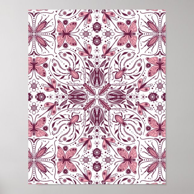 Bugs, dark magenta and pink on white poster (Front)