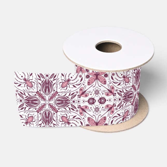 Bugs, dark magenta and pink on white satin ribbon (Spool)