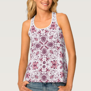 Bugs, dark magenta and pink on white tank top