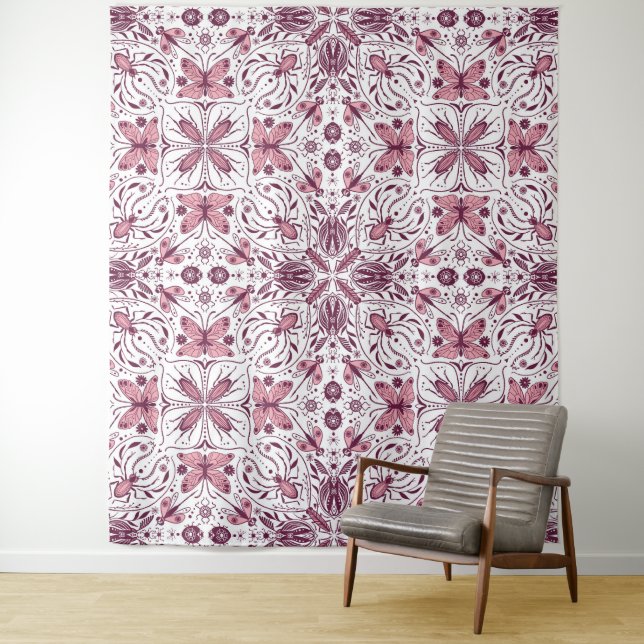 Bugs, dark magenta and pink on white tapestry (In Situ)