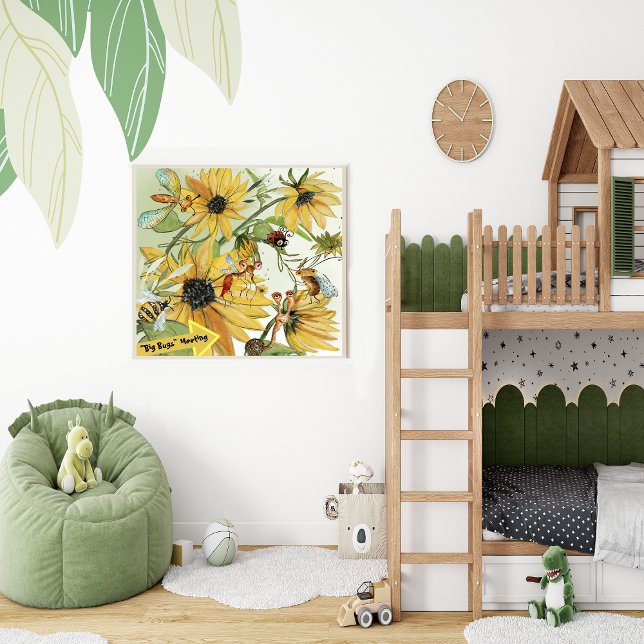 Bugs in Sunflower Field Poster (Bugs In sunflower field , big meeting for insect, kid's room decor)