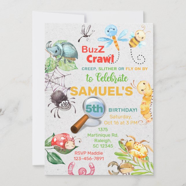Bugs, insects boy birthday invitation, buzz crawl. invitation (Front)