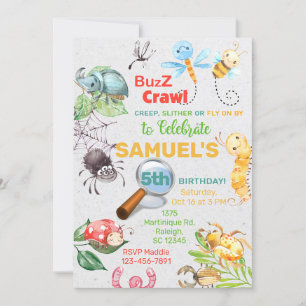 Bugs, insects boy birthday invitation, buzz crawl. invitation