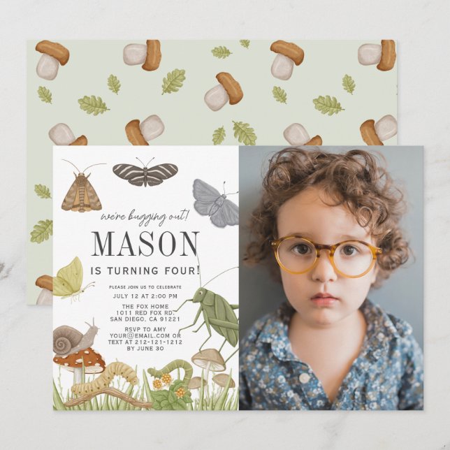 Bugs & Insects Mushroom Boy Birthday Photo Invitation (Front/Back)