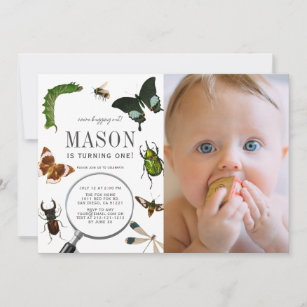 Bugs & Insects Vintage Boy Photo 1st Birthday Invitation