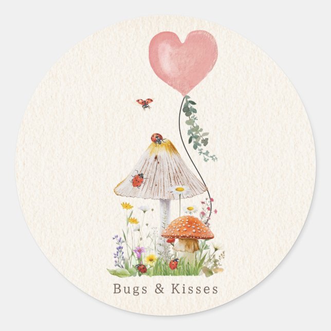 Bugs & Kisses Ladybugs Mushroom Valentine Classic Round Sticker (Front)