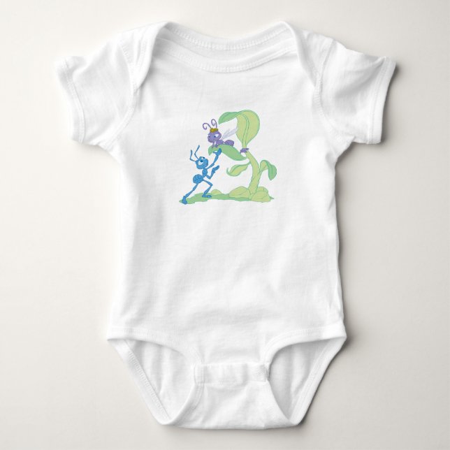 Bug's Life Flik talking to Princess Atta on a leaf Baby Bodysuit (Front)