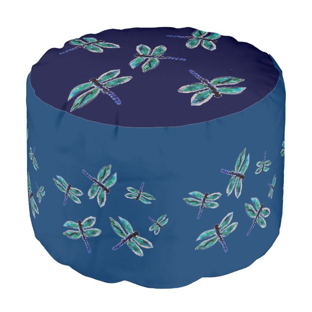 Bugs Pattern Dancing Blue Dragonfly Pouf (Angled Front)