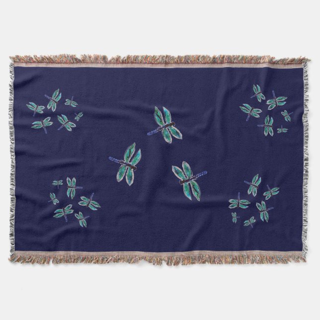 Bugs Pattern Dancing Blue Dragonfly Throw Blanket (Front)