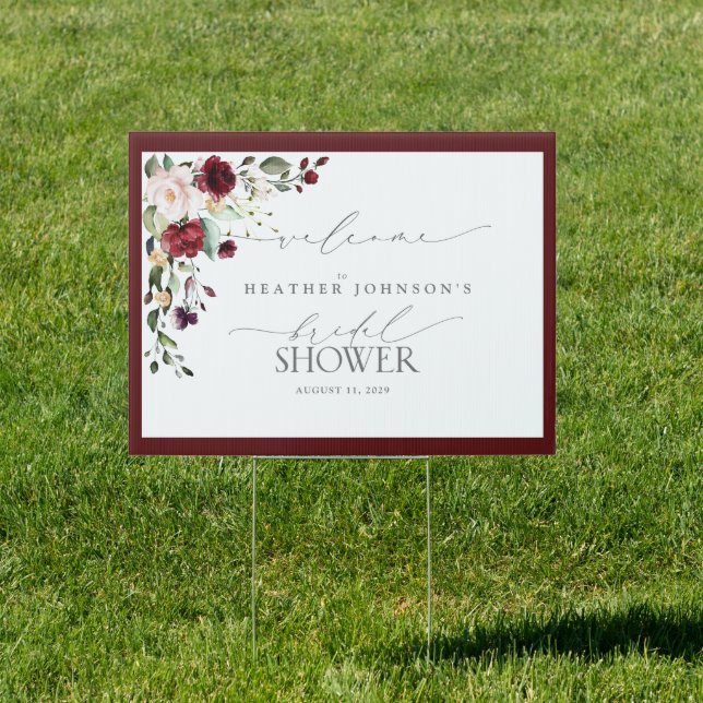 Bugundy Watercolor Floral Bridal Shower Welcome Sign (Insitu)