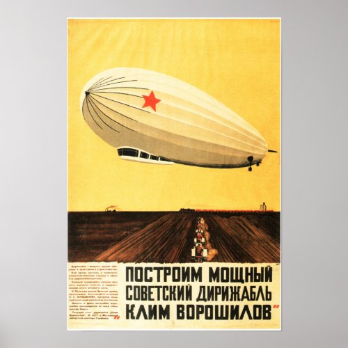 BUILD A POWERFUL AIRSHIP Zeppelin Vintage Soviet Poster